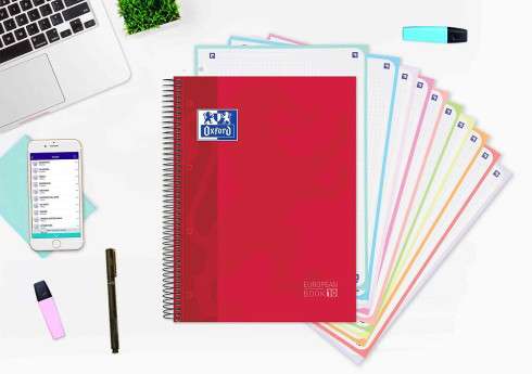 Oxford - Micro-Perforated Notebook 10 Colour Bands, Europeanbook 10,  Hardcover, A4, 150 Sheets, 5 x 5 Squared, Red