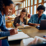 Group of happy classmates studying together at high school library.